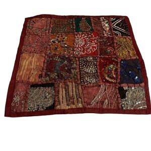 India bohemian throw pillow cover. Hand made w/beads, rhinestones, sequins. 16”